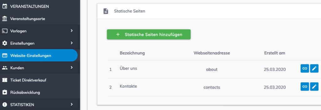 Settings for a TicketTool event website